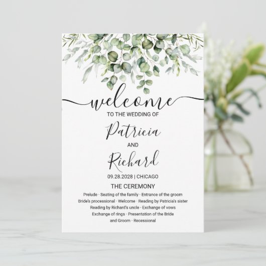 Eucalyptus programme de mariage d'aquarelle verte (Debout devant)