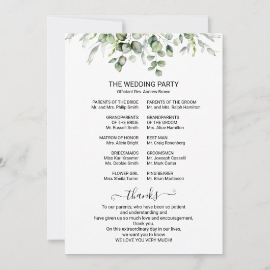 Eucalyptus programme de mariage d'aquarelle verte (Dos)