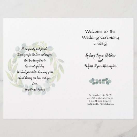 Eucalyptus Programme de mariage plié Papier à feut (Devant)