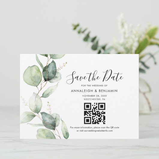 Eucalyptus QR Code Botanical Weddenschap Save the  Save The Date (Staand voorkant)