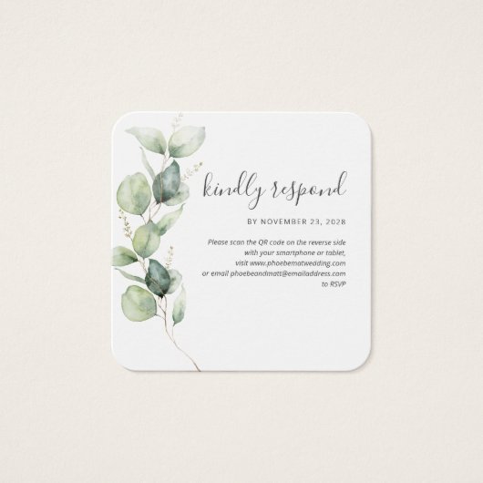 Eucalyptus QR-code RSVP Weddenschap Website Vierkante Visitekaartjes (Voorkant)
