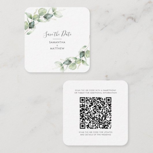 Eucalyptus QR-code Sla de datumkaart op Vierkante Visitekaartje (Voorkant / Achterkant)