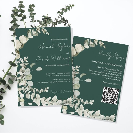 Eucalyptus QR Code Smaragd Groene Bruiloft Kaart