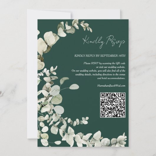 Eucalyptus QR Code Smaragd Groene Bruiloft Kaart (Achterkant)