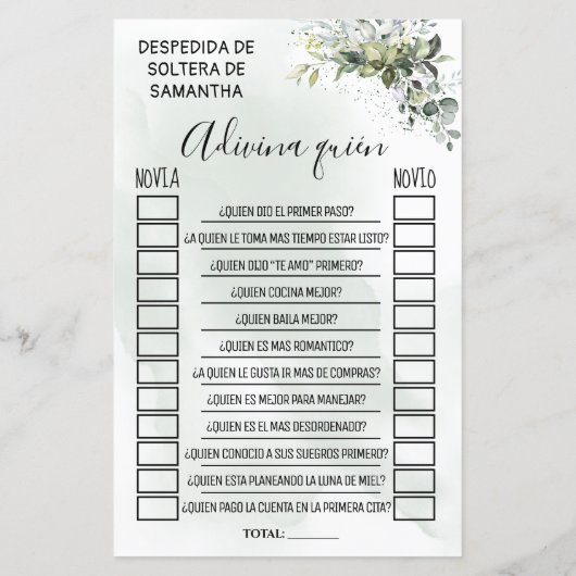 Eucalyptus Raad wie vrijgezellenfeest tweetalige g (Achterkant)