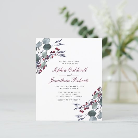Eucalyptus Red Berries QR Code RSVP Weddenschap Ui (Staand voorkant)