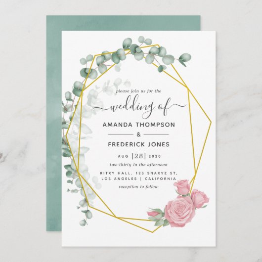 Eucalyptus Roos Geometric Wedding Kaart (Voorkant / Achterkant)