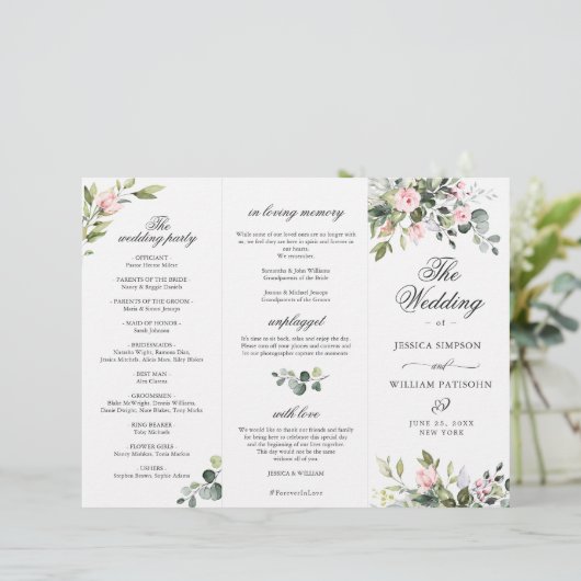 Eucalyptus Rose Roses Mariage programme de cérémon (Debout devant)