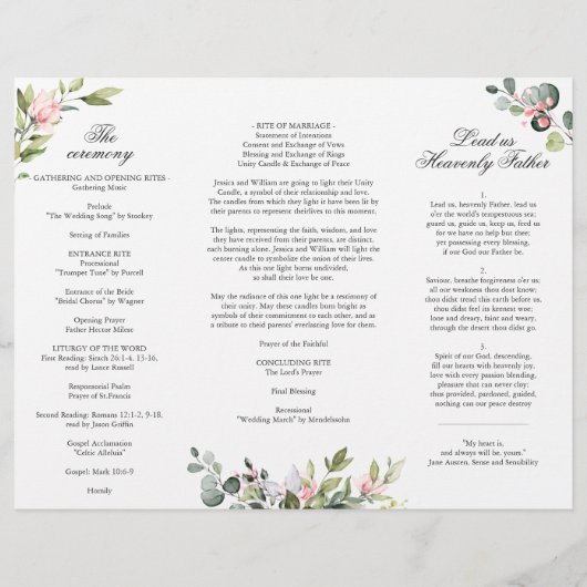 Eucalyptus Rose Roses Mariage programme de cérémon (Dos)