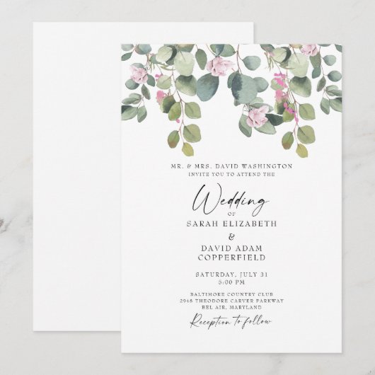 Eucalyptus & Roze Rose Elegant Weddenschap Kaart (Voorkant / Achterkant)