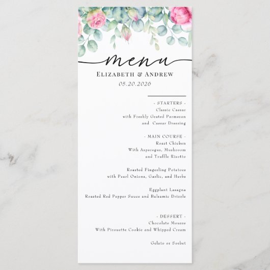 Eucalyptus Rozen | Elegante Boho groen bruiloft Menu (Voorkant)