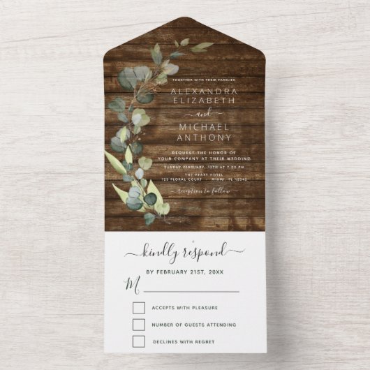 Eucalyptus Rustic Country Wood Weddenschap All In One Uitnodiging (Binnen)