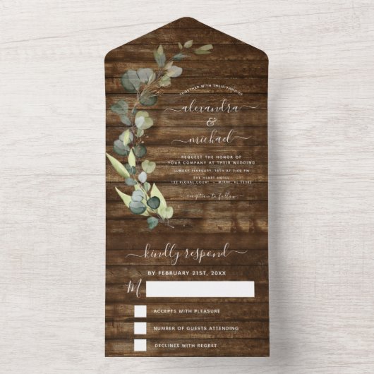 Eucalyptus Rustic Country Wood Weddenschap RSVP All In One Uitnodiging (Binnen)