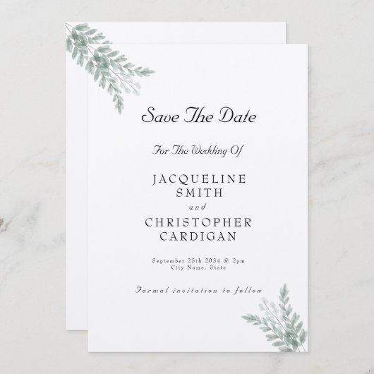Eucalyptus Rustic Eco Friendly Save the Date Kaart (Voorkant / Achterkant)