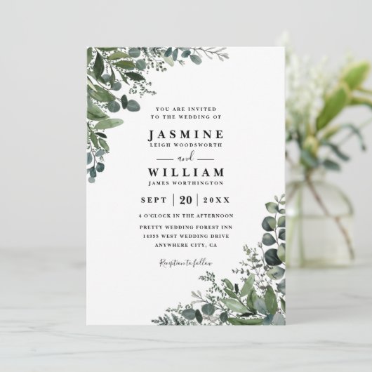 Eucalyptus Rustic Elegant Modern QR Code Wedding Kaart (Staand voorkant)