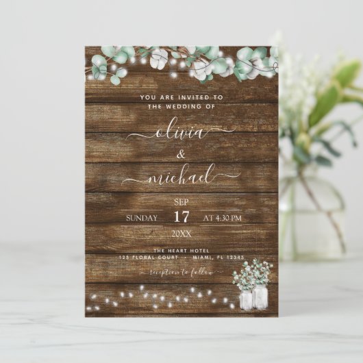 Eucalyptus Rustic Wedding Invitations Kaart (Staand voorkant)