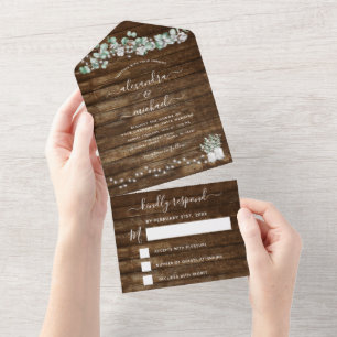 Eucalyptus Rustic Wedding String Lights RSVP All In One Uitnodiging