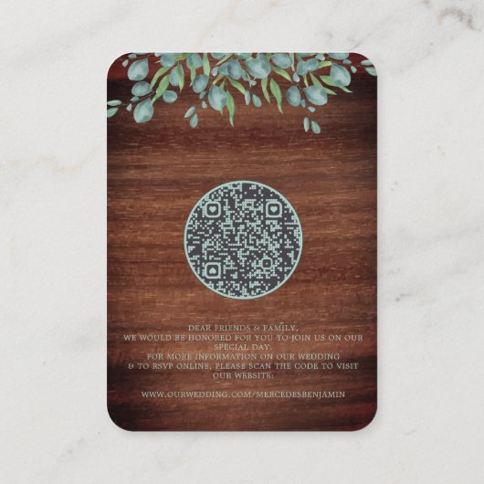 Eucalyptus Rustic Wood QR Code Weddenschap Visitekaartje (Achterkant)