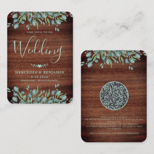 Eucalyptus Rustic Wood QR Code Weddenschap Visitekaartje (Voorkant / Achterkant)