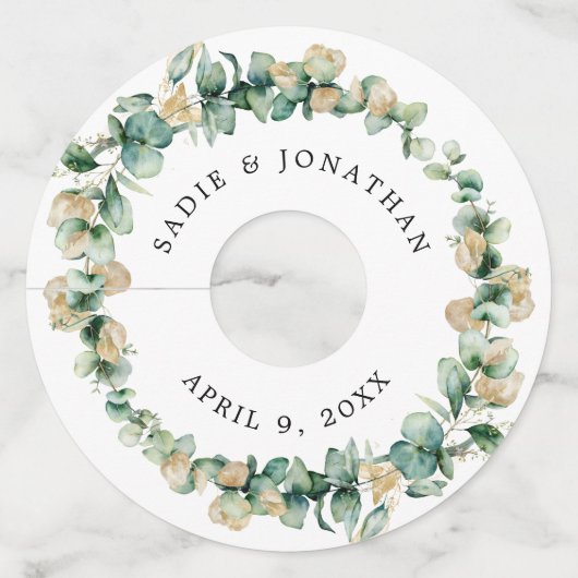 Eucalyptus rustiek goud elegante bruiloft wijnglaslabel (Voorkant)