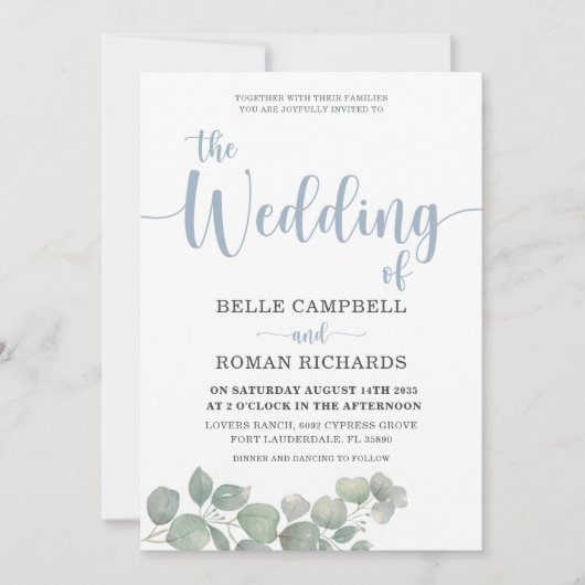 Eucalyptus Rustique Dusty Faire-part de mariage bl (Devant)