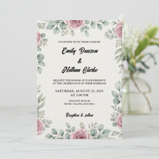 Eucalyptus rustique et Faire-part de mariage rose (Debout devant)