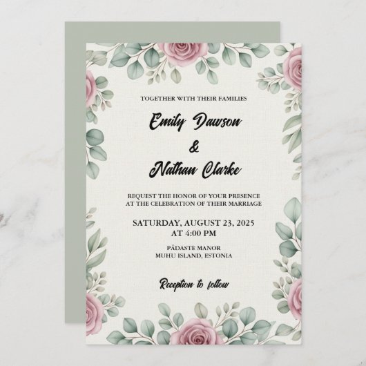 Eucalyptus rustique et Faire-part de mariage rose (Devant / Derrière)