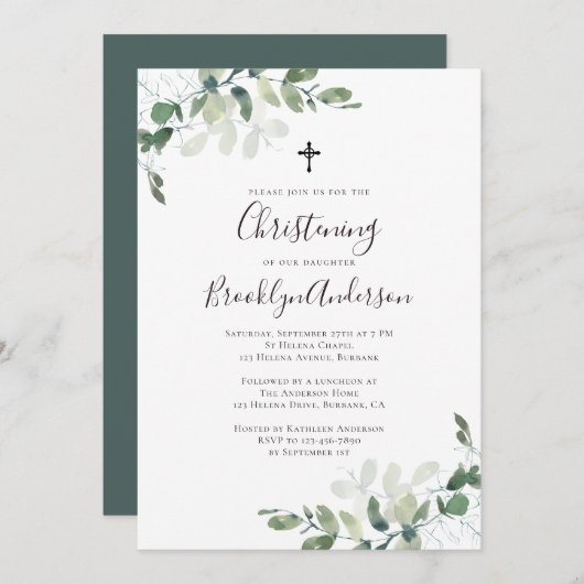 Eucalyptus Rustique Verdure Christening Invitation (Devant / Derrière)