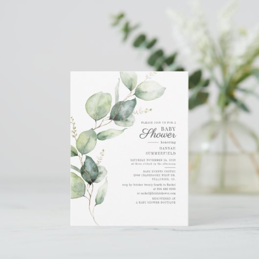Eucalyptus Rustisch Succulent Botanisch Baby showe Uitnodiging Briefkaart (Staand voorkant)
