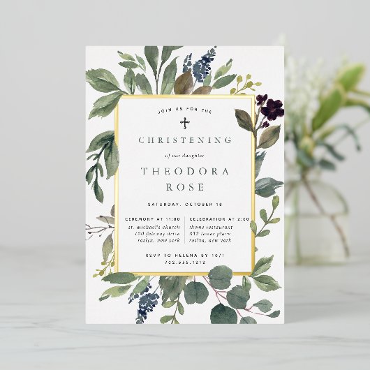 Eucalyptus & Sage Baptism of Christening Folie Uitnodiging (Staand Voorkant)