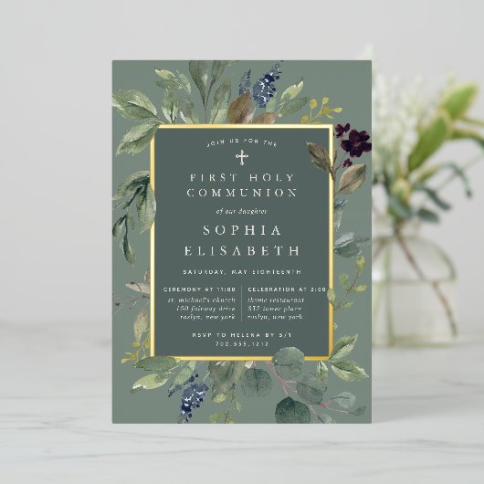 Eucalyptus & Sage First Heilige Communie Folie Uitnodiging (Staand Voorkant)