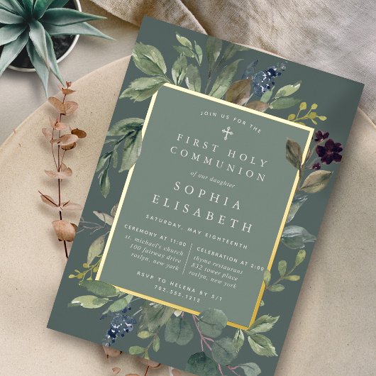 Eucalyptus & Sage First Heilige Communie Folie Uitnodiging