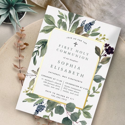 Eucalyptus & Sage First Heilige Communie Folie Uitnodiging