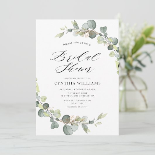 eucalyptus sage green bridal - doucheuitnodiging kaart (Staand voorkant)
