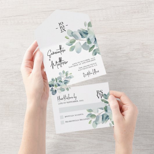 Eucalyptus Sage Green Lente Zomer Huwelijk All In One Uitnodiging (Afscheurbaar)