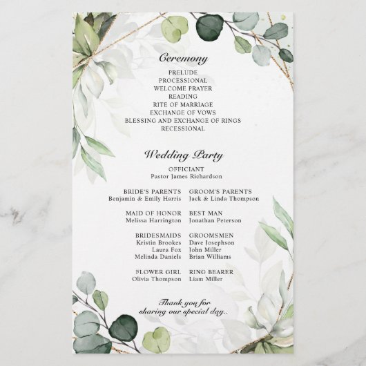 Eucalyptus Sage Green Programme de mariage moderne (Dos)