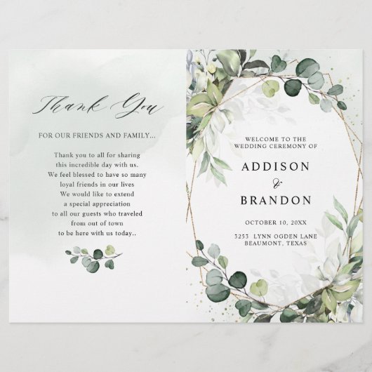 Eucalyptus Sage Green Programme de mariage moderne (Devant)