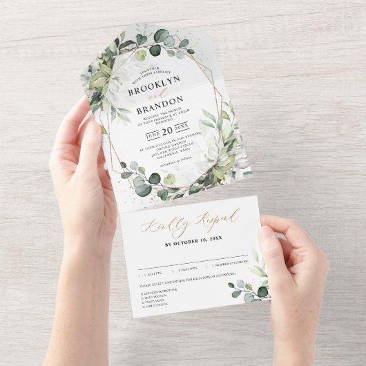Eucalyptus Sage Greenery Modern Geometric Wedding All In One Uitnodiging (Afscheurbaar)