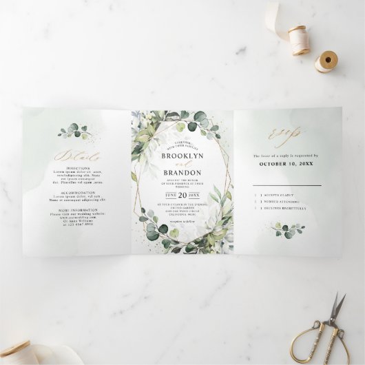 Eucalyptus Sage Greenery Modern Geometric Wedding Drieluik Aankondiging (Binnen)