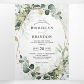 Eucalyptus Sage Greenery Modern Geometric Wedding Drieluik Aankondiging (Binnenkant midden)