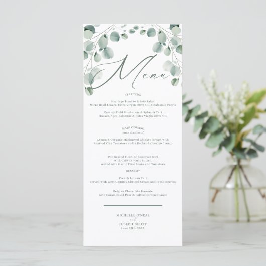 Eucalyptus Sage Groene Waterverf Trouwmenu Menu (Staand voorkant)