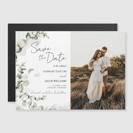 Eucalyptus Sage Photo Weddenschap Save the Date Magnetische Uitnodiging (Voorkant / Achterkant)