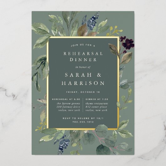 Eucalyptus & Sage Rehearsal Dinner Folie Uitnodiging (Voorkant)