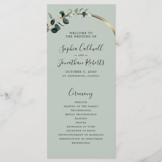 Eucalyptus Sage Romantic Calligraphy Wedding Programma (Voorkant)