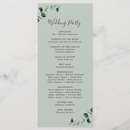 Eucalyptus Sage Romantic Calligraphy Wedding Programma (Achterkant)
