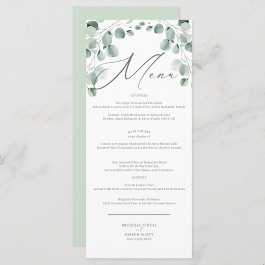 Eucalyptus Sage Vert Aquarelle Menu Mariage (Devant / Derrière)