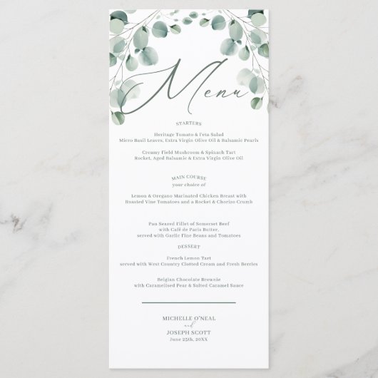 Eucalyptus Sage Vert Aquarelle Menu Mariage (Devant)