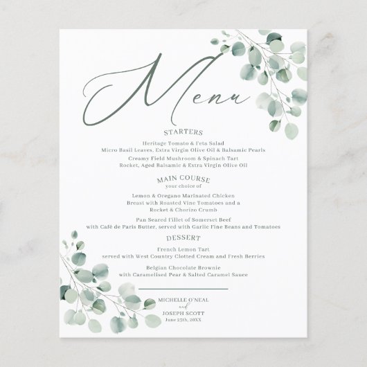Eucalyptus Sage Vert Aquarelle Menu Mariage (Devant)