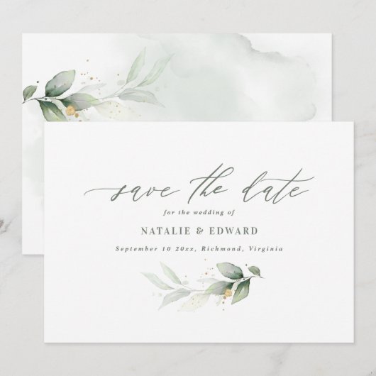 Eucalyptus salie groen gouden trouw save the date (Voorkant / Achterkant)