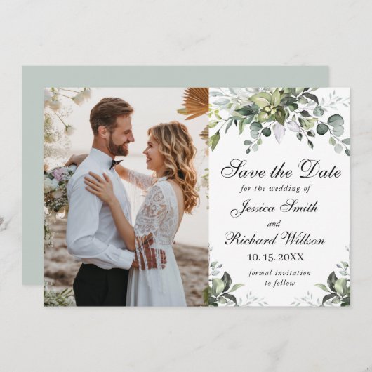 Eucalyptus Save the Date PHOTO Invitation (Voorkant / Achterkant)